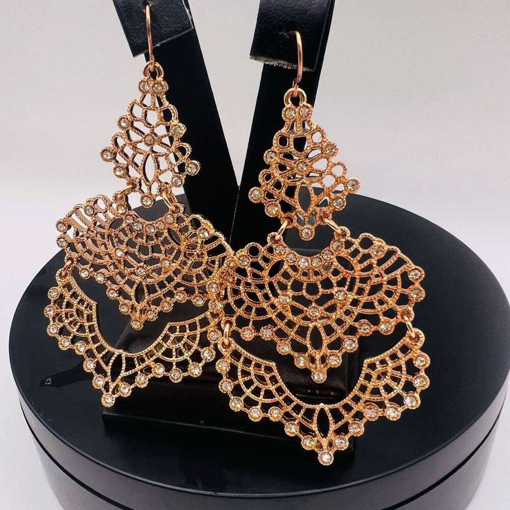 INC International Filigree Boho Dangle Earrings Copper Color CZ Rhinestones